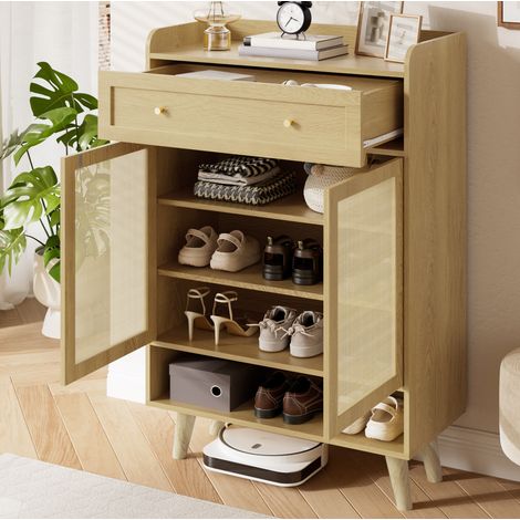 Scarpiera in legno con 2 ante, 4 ripiani, 1 cassetto e vano aperto 80x105x35 cm (1/5)
