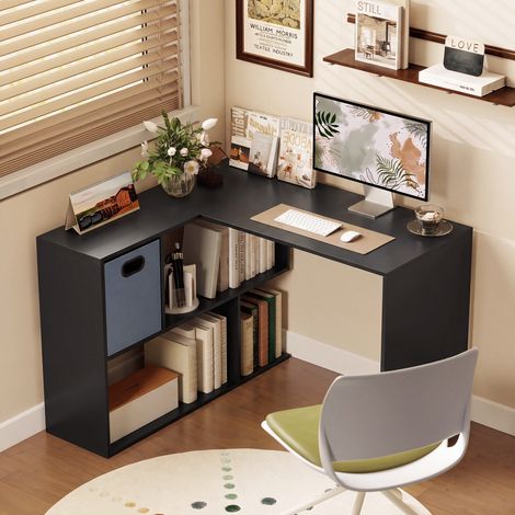 Bureau d'angle moderne avec étagère en tissu et tiroir, 110 x 100 x 75 cm, noir