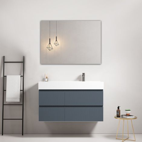 Mobile bagno sospeso cannettato 100 cm Blu Mare Lavabo a Destra in Resina Specchio Quadro - Fiji Paint (1/4)