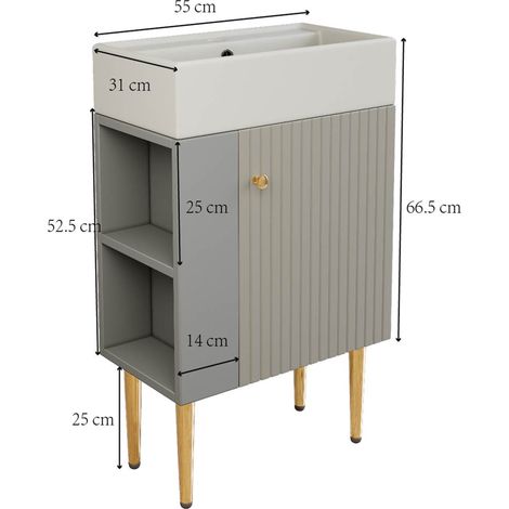 Meuble vasque salle de bains 55 cm, meuble sous-vasque gris clair, petit rangement invités, armoire lavabo compacte (1/5)