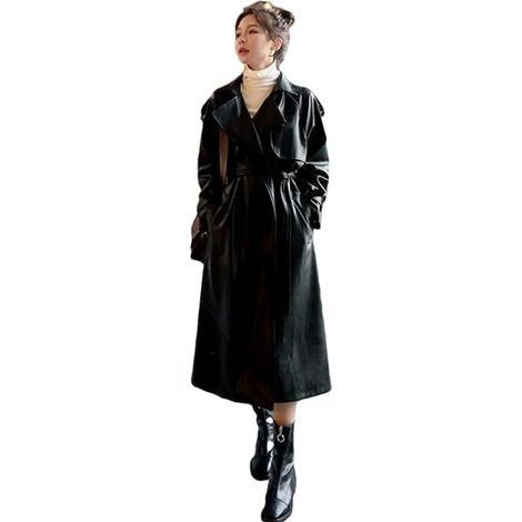 Trench en cuir noir surdimensionné coupe-vent à manches longues pour femme (1/5)