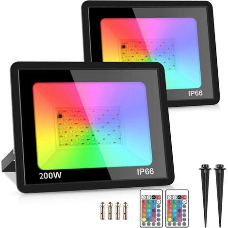 Set mit 2 RGB-LED-Strahlern, 220 V, IP66 wasserdicht, Farbwechsel, mit Fernbedienung, für Partys und Halloween, 200 W (1/5)