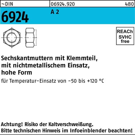 DIN 6924, 982/ISO 7040 Selbstsichernde Sechskantmutter M 20 x 2,5 Edelstahl A2 blank 25 Stk (1/2)