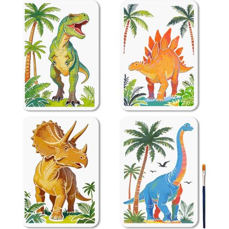 4 pcs Pochoirs Dinosaures Réutilisables, Pochoir Tyrannosaurus pour Peinture 29.7x21cm, Modèle de Dessin Palmiers avec Pinceau pour Mur Meuble Toile Décoration Maison (1/5)