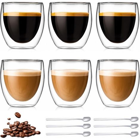 Tasse Expresso Double Paroi, Lot de 6 Verres à Latte Macchiato avec 6 Cuillères, 80ml Tasse a Cafe Double Paroi, Tasse Cappuccino, Mug Transparent pour Cappuccino, Latte, Thé (1/5)