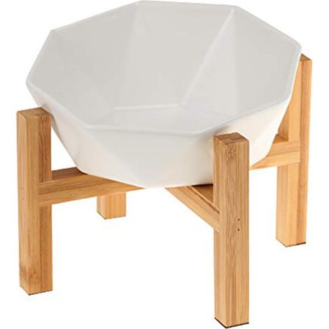 Gamelle incliné blanc pour Chien et Chat Céramique avec Support en Bambou