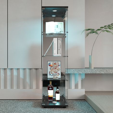 Vitrine 164 cm mit ESG Sicherheitsglas, 4 Ebenen, LED Beleuchtung und Sicherheitsverschluss, Sammlervitrine, Schwarz