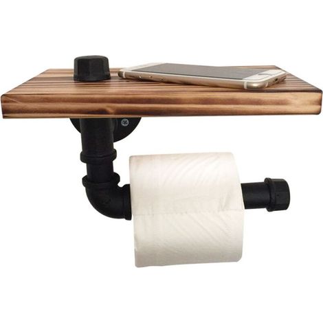 Porte-Tuyaux Industriel Cadre Bois, Support Salle de Bain Mural Fer Forgé, Porte-Papier Hygiénique Style Vintage (1/4)