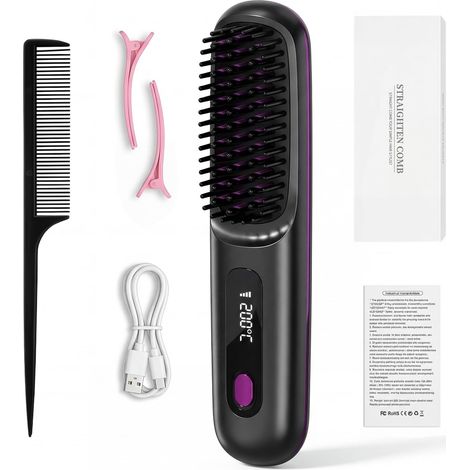 Brosse Lissante Sans Fil, Mini Lisseur Sans Fil, USB Rechargeable, 3 Heat Settings, Brosse Lissante pour Cheveux, pour Coiffer Les Cheveux en Voyage et à La Maison (Noir) (1/5)
