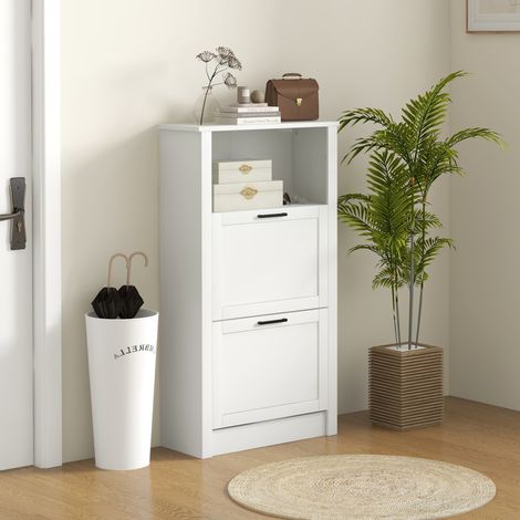 Zapatero Estrecho con 2 Puertas Estantes Ajustables y Compartimento Abierto para 10 Pares de Zapatos 58x24x105 cm Blanco (1/5)