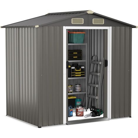 6 x 4 FT Outdoor Storage Shed Galvanized Steel Shed w/ Lockable Sliding Door (1/5)