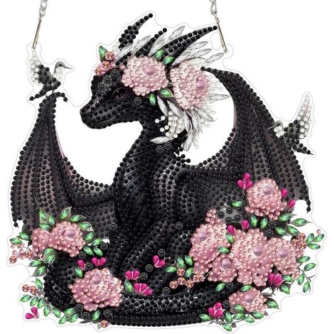 Diamond Painting Anhänger Schwarzer Drache mit Blumen, Fensterbild Bastelset 20x20cm