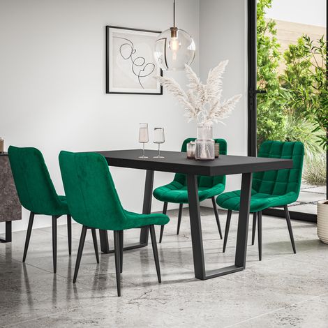 Aria Dining Table And Chairs - Black Table Top w Black Legs + Nova Velvet Dining Chair Set Of 6 (Green) (1/5)