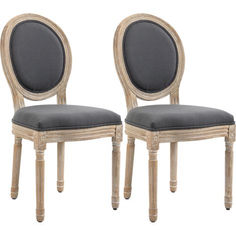 Lot de 2 Chaises de Salle à Manger, Chaises Médaillon Style Louis XVI, Assise et Dossier Rembourrés en Effet Lin, Gris (1/5)