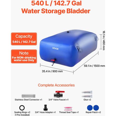 Réservoir d'Eau Souple 540 L Vessie de Stockage Eau Pliable Sac Conteneur Eau PVC 1000D pour Irrigation de Jardin, Camping, Camping… (1/5)