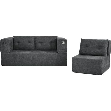 Divano Modulare a 2 Posti Trasformabile in Letto, con Tasche Laterali, Tessuto Grigio Scuro (1/5)