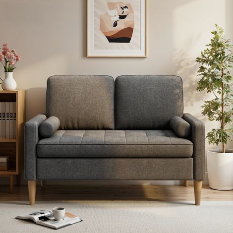 Bealife 2-Sitzer-Sofa mit 2 Rücken 2 Armlehnenkissen Holz Metallgestell Bezug aus Baumwolle und Leinen 121 x 76 x 87 cm Dunkelgrau (1/5)