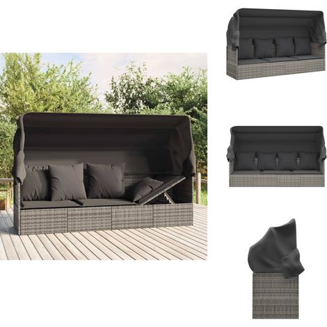 Lit de salon d'extérieur toit et coussins Gris Résine tressée - Lit De Salon Extérieur - Chaise Longue - Transat - Meubles De Jardin - Mobilier D'extérieur (1/5)