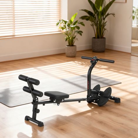 Vogatore, dispositivo per addominali, regolabile su 12 livelli, macchina cardio 2 in 1, display LCD, acciaio, plastica, nero (1/5)