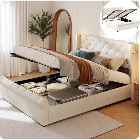 Doppelbett 160x200 cm mit hydraulischem Stauraum, beige Samt und 2 Nachttischen, französisches Design und Luxus