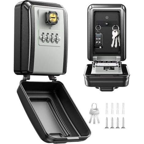 Secure Outdoor Key Box with Resettable Backup Key, Wall-Mounted 4-Digit Combination Key Box, Large Capacity & Waterproof Key Safe for Home, Office, Garage (1/5)