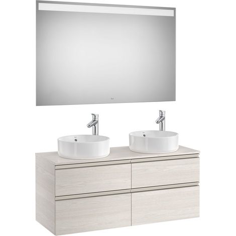 Pack meuble "The gap" 1200 pour 2 vasques à poser - 4 tiroirs + plan + miroir LED - frêne nordic/poignées nickel mat - Roca (1/2)