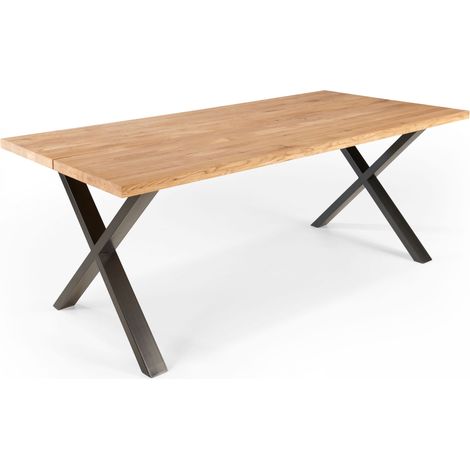 Oviala – Table de salle à manger en chêne rectangulaire 240 x 95 cm – Pieds croisés en métal noir – Style intemporel et chaleureux – 75 cm de hauteur
