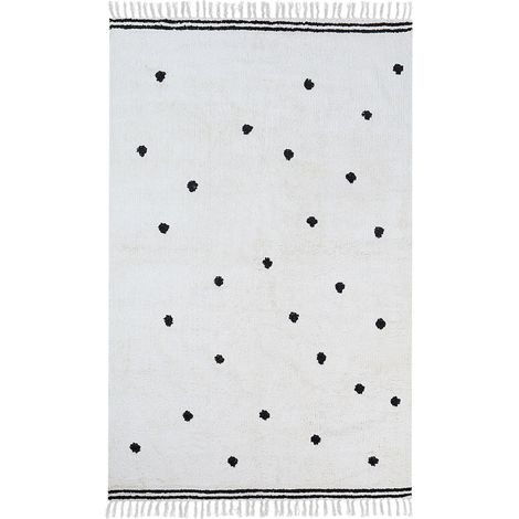 Tappeto moderno in cotone bianco con pois neri e frange rettangolare 140 x 200 cm Laza