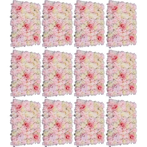 Lot de 12 panneaux muraux de fleurs artificielles, mur de fleurs en soie, décoration murale florale, pour mariage, baptême, fête, fond photo, cérémonie et événement -40x60 cm, rose clair (1/5)