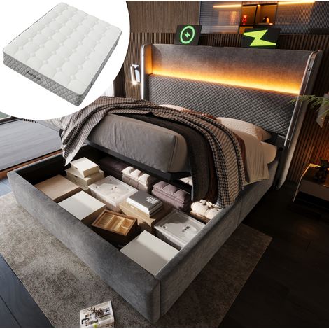 Letto matrimoniale moderno 160x200 cm con testiera alta, contenitore idraulico, LED, USB/Type-C e materasso, grigio (1/5)