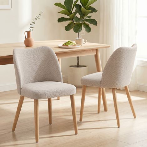 Ensemble de 2 Chaises de Salle à Manger en Tissu Aspect Lin et Bois d'Hévéa, Assise Rembourrée, Dossier Courbé, Ton Crème - Style Scandinave Moderne pour Cuisine ou Séjour (1/5)
