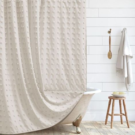 Rideau de douche plissé matelassé à motif floral rustique minimaliste 180 x 180 cm avec crochets pour salle de bain beige (sans tringle) (1/5)