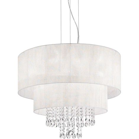 Ideal Lux Opera - Suspension à 6 ampoules au fini chrome, cristaux avec abat-jour blanc, E27 (1/3)