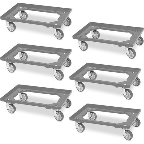 BRB Lot de 6 roulettes de transport pour caisses 600 x 400 mm, charge maximale 300 kg, 4 roulettes pivotantes, roues en caoutchouc gris