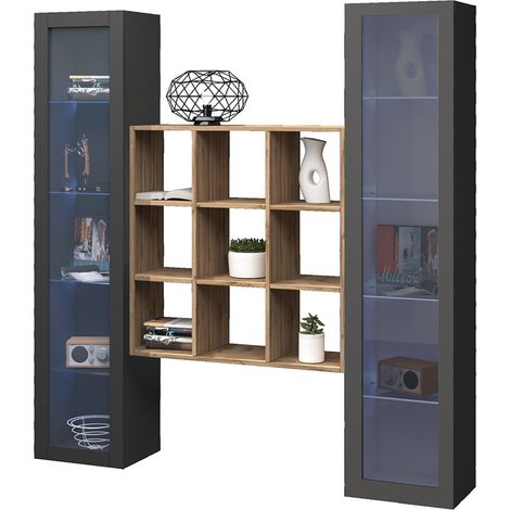 Vitrine Heureuse, Meuble Exposant 14 Étagères, 19 Compartiments Fabriqué en Italie, 30x40x180h cm Noir Anthracite (1/5)