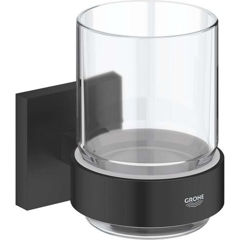 Grohe QuickFix Start Cube - Zahnputzbecher, mit Halter, Glas/schwarz matt 410972430