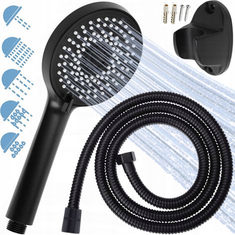 Conjunto de ducha negro, teleducha de 5 funciones + manguera + soporte para ducha (1/5)