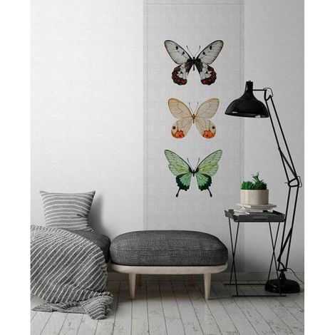 Papier peint panoramique effet textile gris Tapisserie panoramique papillon multicolore Papier peint panoramique idéal pour bureau (1/3)