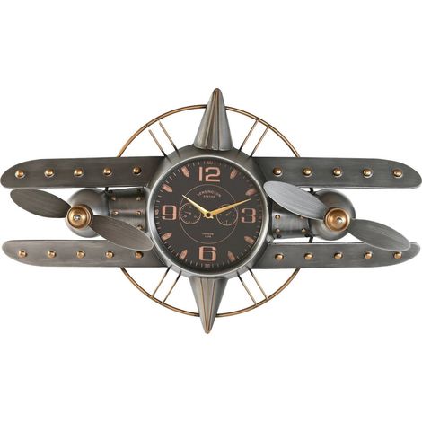 horloge murale avion métal style vintage argent et doré - argent vieilli et doré rétro (1/4)