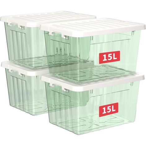 15L4 Boîtes de Rangement avec Couvercles, Boîte de Rangement en Plastique avec Fermetures à Clipser, Empilable, Encastrable, pour Placard de Bureau à Domicile, Vert Transparent, 15L, Lot de 4 (1/5)