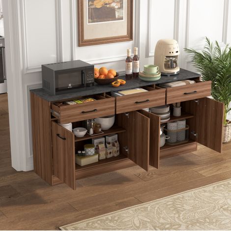 Buffet de cuisine 160x37x76.5 cm noyer en MDF avec 3 tiroirs et étagères réglables