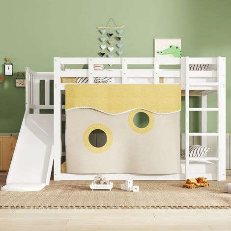 Lit Superposé-Bois-Escalier-Barrières-Rideau-Toboggan-Protection-Chute-Sans Matelas-Blanc-Pin-MDF-165x244.5x140.5cm (1/5)