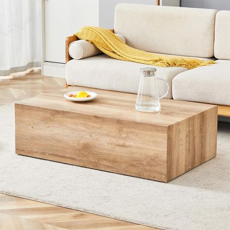 Table de salon rectangulaire en bois texture naturelle dimensions 90x50x30 cm matériau MDF pas besoin de montage patins antidérapants esthétique luxueuse moderne (1/5)
