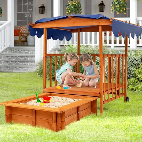 COSTWAY rollbarer Sandkasten Holz, Spielveranda mit Sandbox, Hinterraeder, Abdeckung, Dach, Gelaender, Sandkiste für Kinder (1/5)