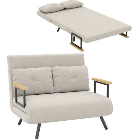 Zweisitzer-Schlafsofa aus beigefarbenem Samt mit verstellbarer Rückenlehne und bequemen Kissen