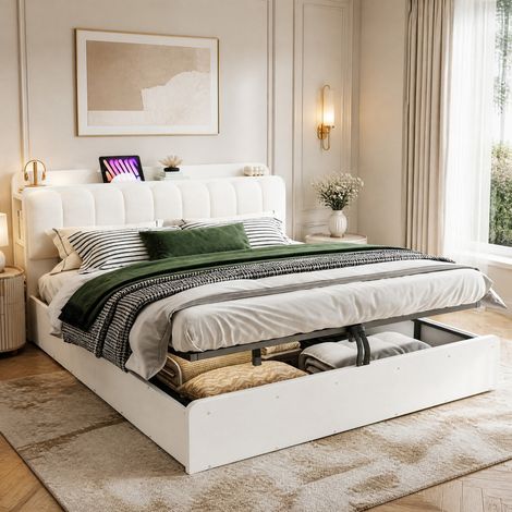 lit coffre 180x200 bois blanc USB rangements HAVRYA (1/5)