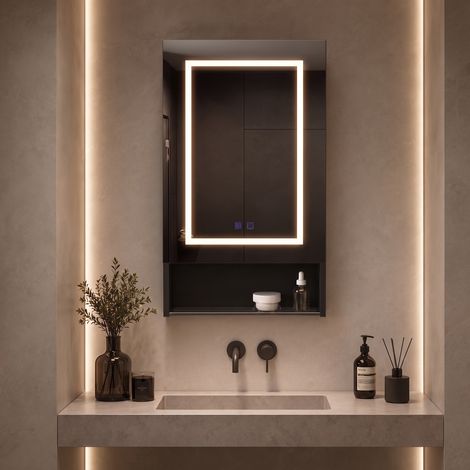 Armoire de toilette avec miroir LED, 88x50x15cm, avec éclairage LED 3 couleurs, meuble de salle de bain tactile anti-buée avec étagère réglable, Noir (1/5)