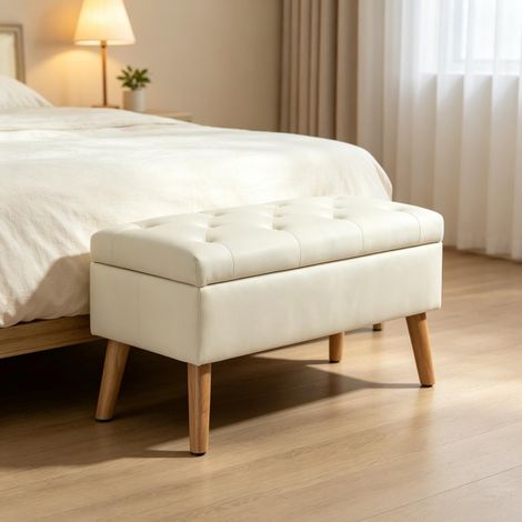 Banc de rangement en velours crème, pouf avec coffre caché et assise rembourrée, charge jusqu'à 120 kg, 80 x 35 x 42 cm, pour chambre, salon ou entrée - CHICFURN (1/5)