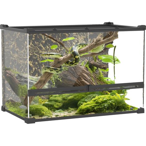 Terrarium für Reptilien Glasterrarium 48L mit Frontbelüftung Steinrückwand Drehverschluss 50 x 30 x 35 cm Schwarz (1/4)