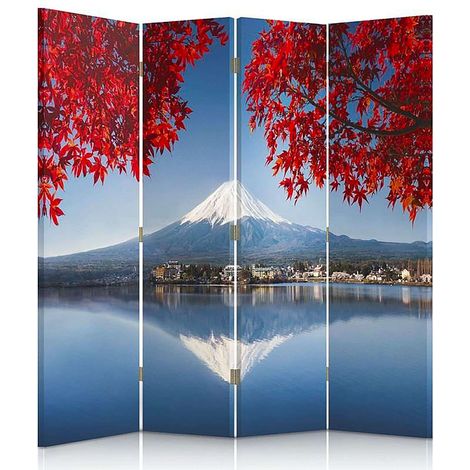 Paravent Mont Fuji 4 Panneaux Design Élégant et Zen - 145 x 150 cm - 2 faces R° V°